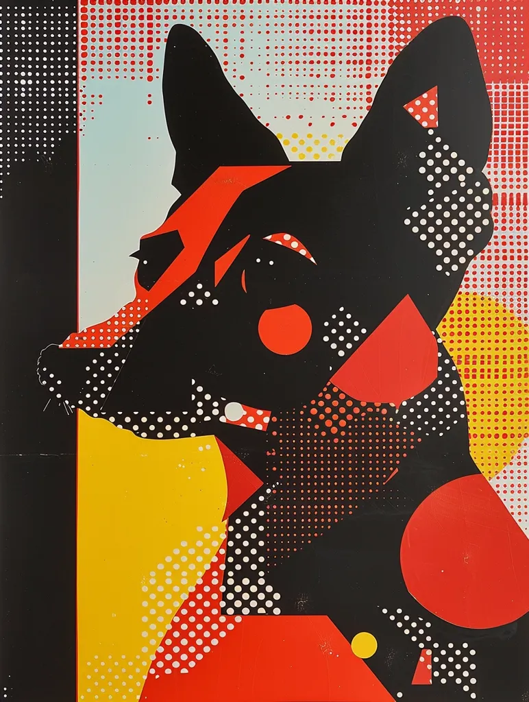 The image is a bold and graphic illustration of a dog's head, rendered in a pop art style.  The dog's silhouette is black, while its features and surrounding background are a vibrant mix of red, yellow, and white, with a dot pattern reminiscent of comic book art. The composition is energetic and playful, giving the impression of movement and a sense of whimsy.