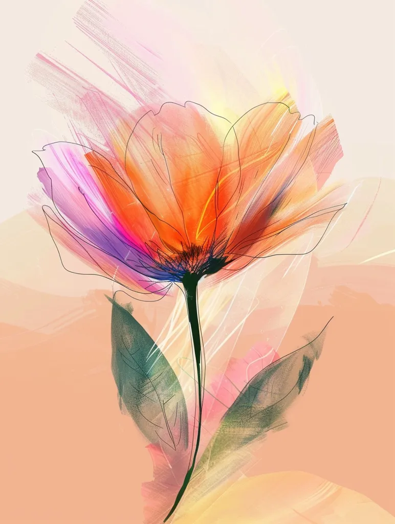 The image is a watercolor painting of a single flower. The flower is a large, orange poppy with petals that are translucent and have a delicate, almost ethereal quality. The flower is painted in a loose, expressive style, with soft edges and flowing lines. The background is a light peach color with strokes of pink and yellow. The overall effect of the painting is one of lightness and beauty.