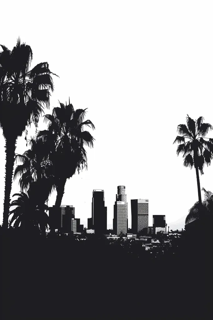 A black and white image of a cityscape with palm trees in the foreground. The city skyline is made up of tall buildings with a few smaller buildings in the distance. The palm trees are silhouetted against the bright white sky. The overall tone of the image is stark and dramatic.
