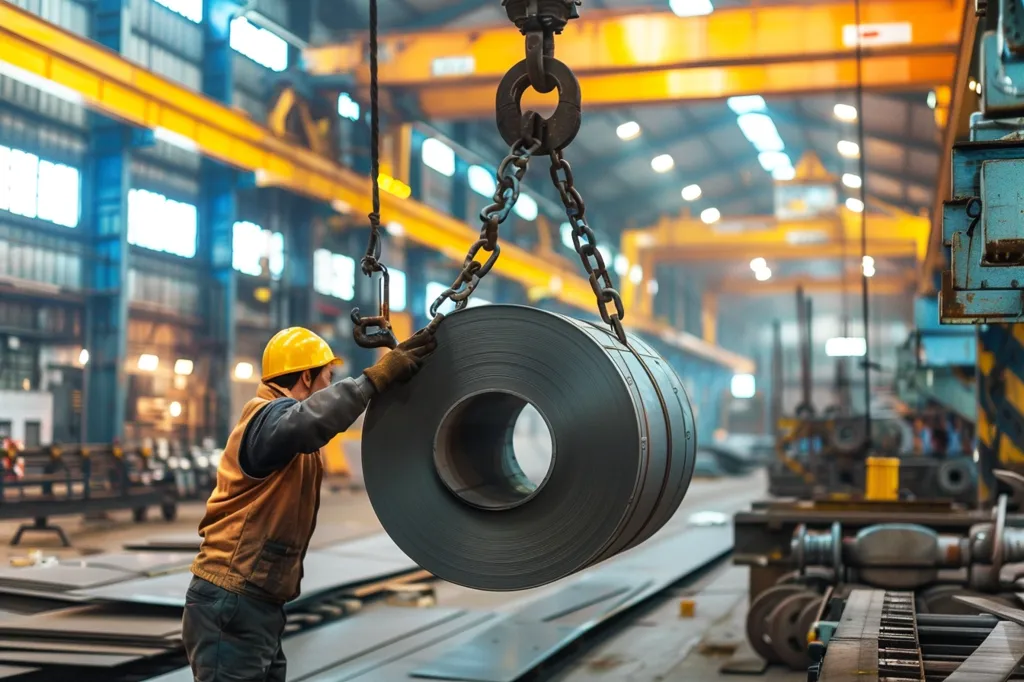 A worker in a hard hat and safety vest stands in a large industrial factory, guiding a large roll of steel being lifted by a crane. The roll is suspended by a chain and hook. The factory is filled with machinery, equipment, and overhead cranes. The scene is a testament to heavy industry and the process of manufacturing.