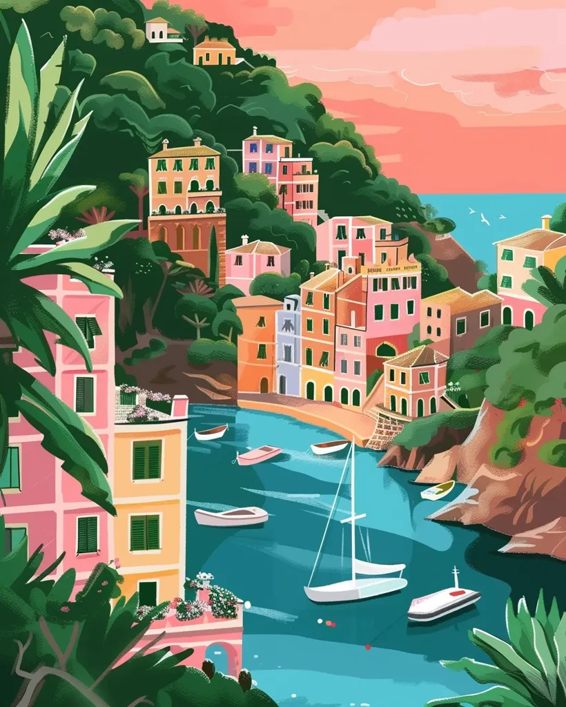 A picturesque seaside town nestled in a green hillside. Brightly colored buildings, some with arched doorways, line the harbor. The water is turquoise blue and dotted with white sailboats. The sky is a soft peachy pink, suggesting a tranquil sunset. Lush green foliage frames the scene, adding depth and vibrancy.  The overall impression is one of peaceful beauty and idyllic charm.