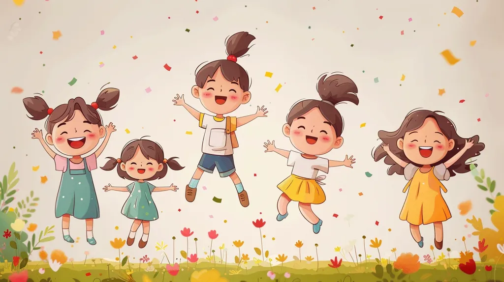 Five cartoon girls are jumping in the air with their arms raised and big smiles on their faces. Confetti falls from above them as they leap over a field of colorful flowers. The girls are wearing bright, cheerful outfits and are clearly enjoying themselves.  The image evokes a sense of joy and carefree fun.