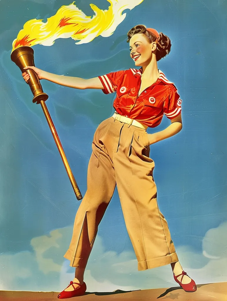 A woman in a red shirt and tan pants holds a torch with a flaming trail behind it. She is smiling and looking to her right. The background is a bright blue sky with clouds. The image is a vintage style poster.  The woman appears to be in a celebratory or patriotic mood.  The torch is a symbol of hope and progress.