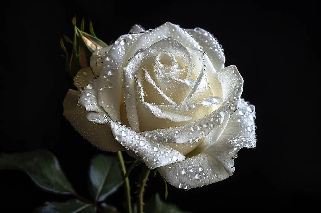 A single white rose with dew drops on its petals sits against a black background. The rose is in full bloom, and the dew drops catch the light, making the rose appear to be glowing. The petals are soft and delicate, and the overall image is one of beauty and fragility.