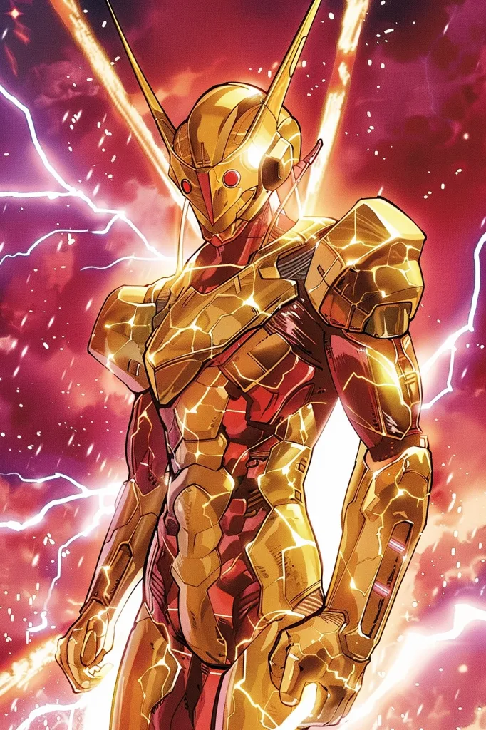 The image depicts a futuristic, armored figure standing against a backdrop of swirling, electric energy.  The figure is clad in a golden, intricately designed suit with red accents. Its helmet features a sharp, angular design with glowing red eyes.  The figure's pose suggests power and determination.  The surrounding energy adds to the sense of dynamic action and intensity.