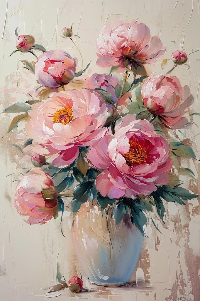 A painting depicts a bouquet of pink peonies in a light blue vase. The flowers are arranged in a cascading fashion, with the largest blooms in the center and smaller blooms and buds scattered around the edges. The leaves are a deep green, and the background is a light cream color. The painting is done in a realistic style with a lot of detail. The brushstrokes are visible and add to the texture of the painting.  The overall feel of the painting is delicate and feminine.