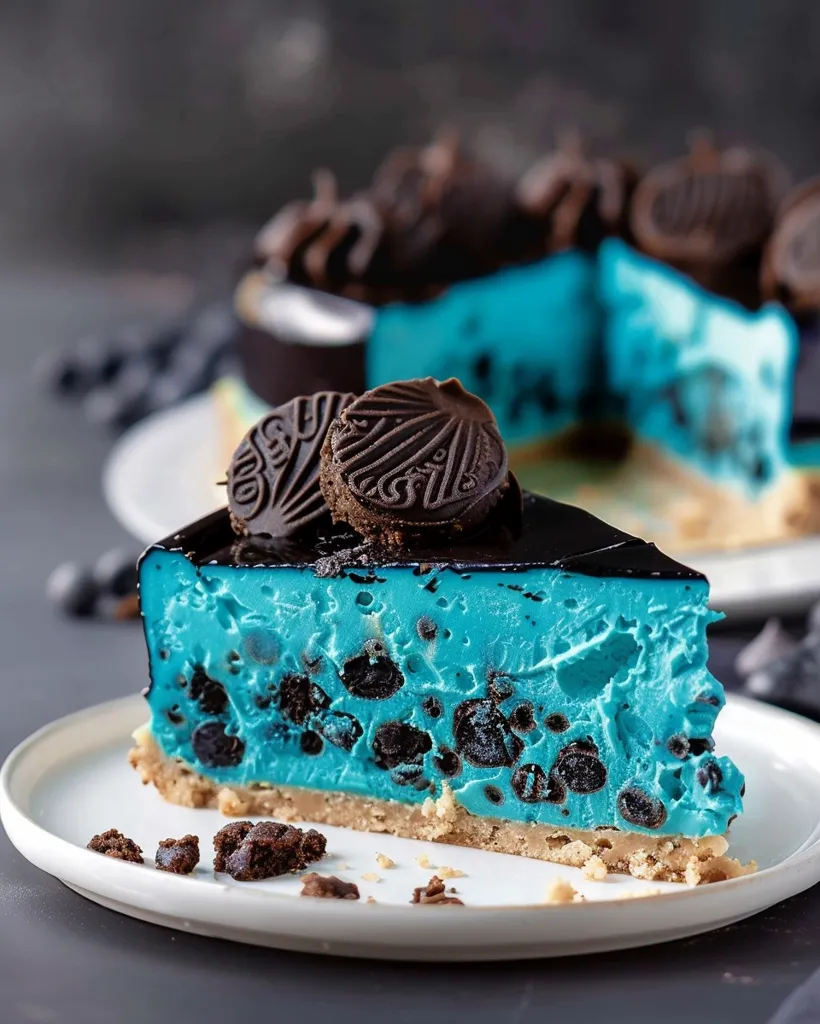 A slice of blue cheesecake with chocolate chips and a chocolate glaze is on a white plate. Two chocolate cookies are resting on top of the cheesecake. The background is out of focus and shows a partially eaten cheesecake.  The image is shot from a close-up perspective.
