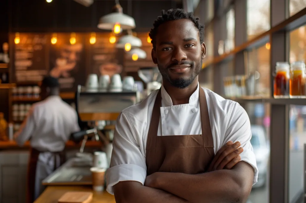 A man with a beard and a warm smile stands in a coffee shop, arms crossed, wearing a white shirt and brown apron. The shop is bustling with activity, and the man looks confident and ready to serve customers. Sunlight streams through the large windows, casting a warm glow on the scene.