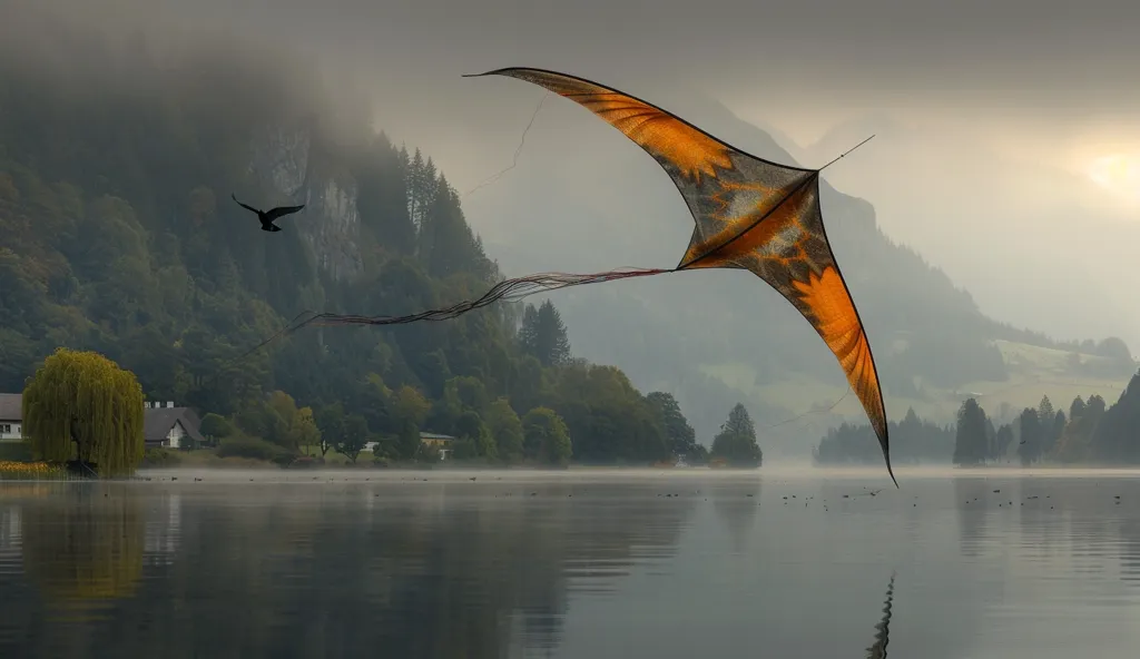 A large, orange and brown kite flies over a calm lake. The kite's shadow is reflected in the water. In the distance, a small, white house peeks out from behind trees, and a lone bird flies through the mist. The landscape is quiet and serene, with the mountains in the background providing a sense of grandeur. The image evokes a feeling of tranquility and peace.