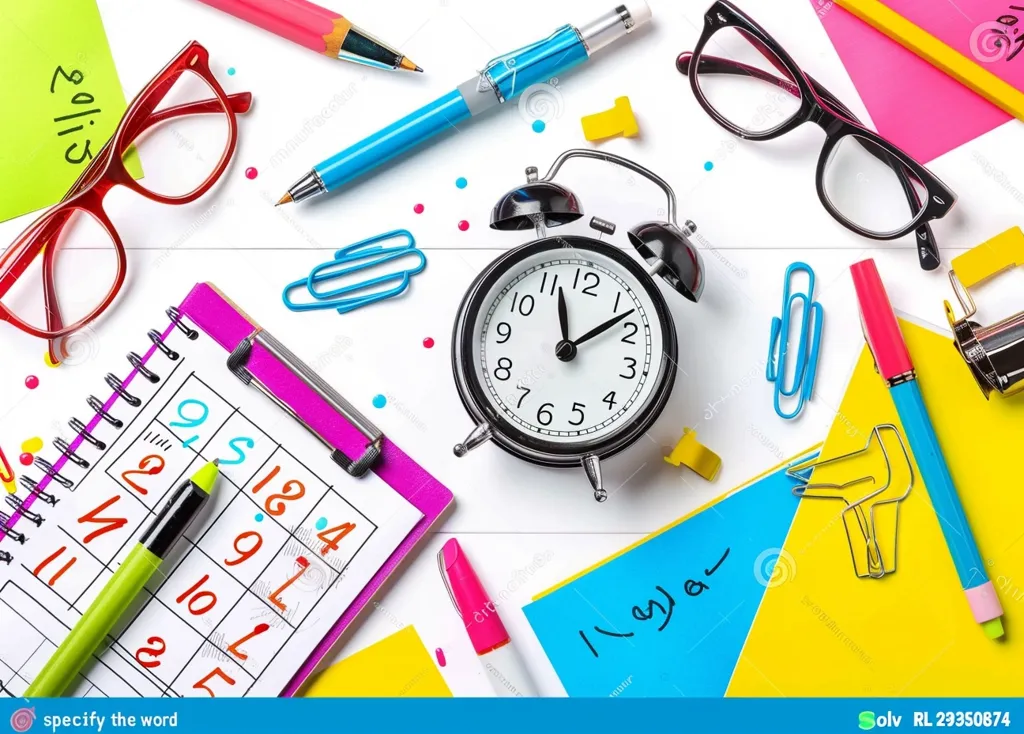 The image shows a white desk with various school supplies scattered across it. There's a calendar with a highlighted date, a clock set to 1:00, a pair of glasses, a pen, a pencil, highlighters, sticky notes, and paper clips. The scene depicts the preparation for a busy day of study.