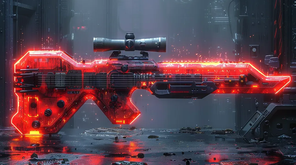 The image depicts a futuristic, red, electric guitar shaped like a gun. It has a scope on top, a sleek design, and is illuminated by bright red lights. The guitar is resting on a dark, metallic surface in a futuristic city setting. The overall vibe is cyberpunk, blending technology and weaponry.