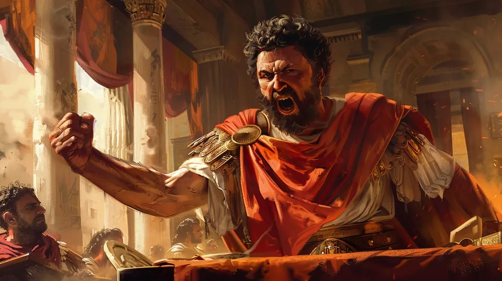 A Roman general, clad in red and gold, stands before a crowd of men, his fist clenched in the air. He is speaking with passion, his face contorted in anger, his voice booming. The scene is set in a grand hall, with pillars and curtains, bathed in warm light. This image evokes a sense of power, intensity, and impending conflict.
