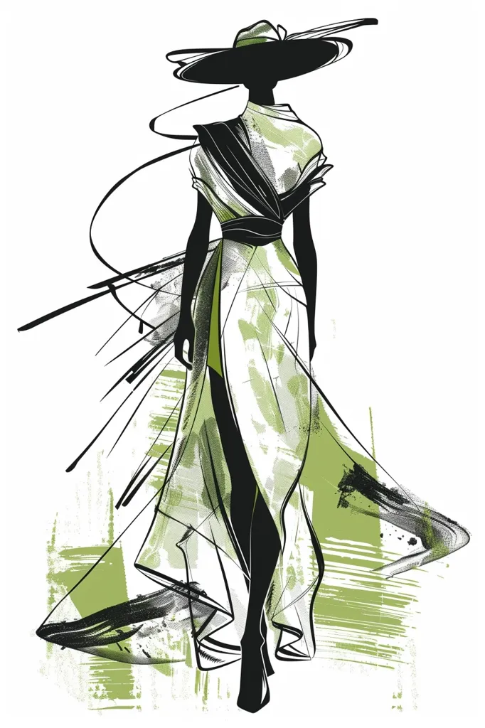 The image depicts a fashion illustration of a woman wearing a flowing green dress and a wide-brimmed hat. The woman's silhouette is outlined in black, while her dress is rendered in a watercolor style with green, white, and black tones. The background is a dynamic abstract design with green and black brushstrokes. The illustration is rendered in a minimalist style, focusing on the form and flow of the dress and the woman's pose.