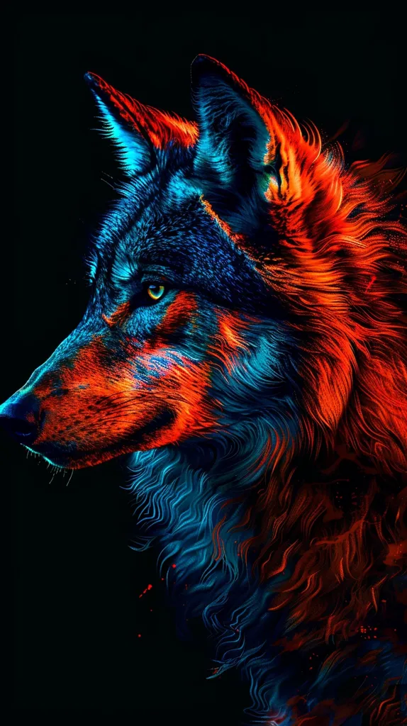 The image is a close-up of a wolf's head, rendered in a vibrant, abstract style. The wolf's fur is a swirling mix of electric blue and fiery orange, creating a striking contrast against the dark background. Its sharp features, including its piercing eye, are highlighted by the bold colors, emphasizing its predatory nature. The overall effect is both captivating and unsettling, suggesting a powerful and mysterious creature.