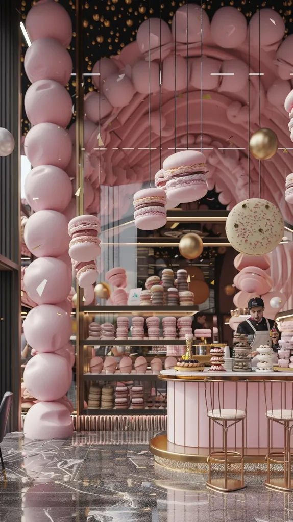 A pink and gold bakery with a large display of macarons. The bakery has a pink and gold counter with bar stools, and a large display of macarons on the wall behind it. The bakery is decorated with a pink ceiling and pink and gold decorations. There is a person standing at the counter, likely a customer or worker. The entire bakery is brightly lit and has a whimsical feel.