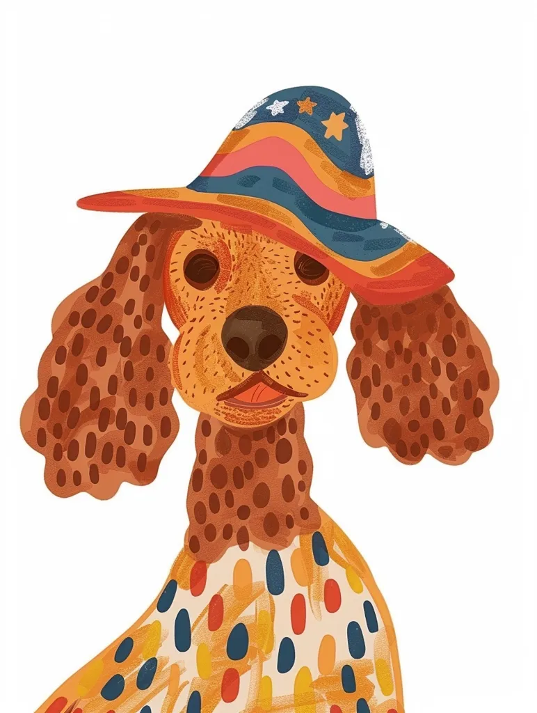 The image is a colorful, stylized illustration of a dog wearing a wide-brimmed hat with stars. The dog has brown fur with a spotted pattern, and the hat is blue, red, and white with stars. The dog is looking directly at the viewer with a playful expression.  The background is white.  The image is painted in a loose, expressive style, with visible brushstrokes.  The dog appears happy and carefree.