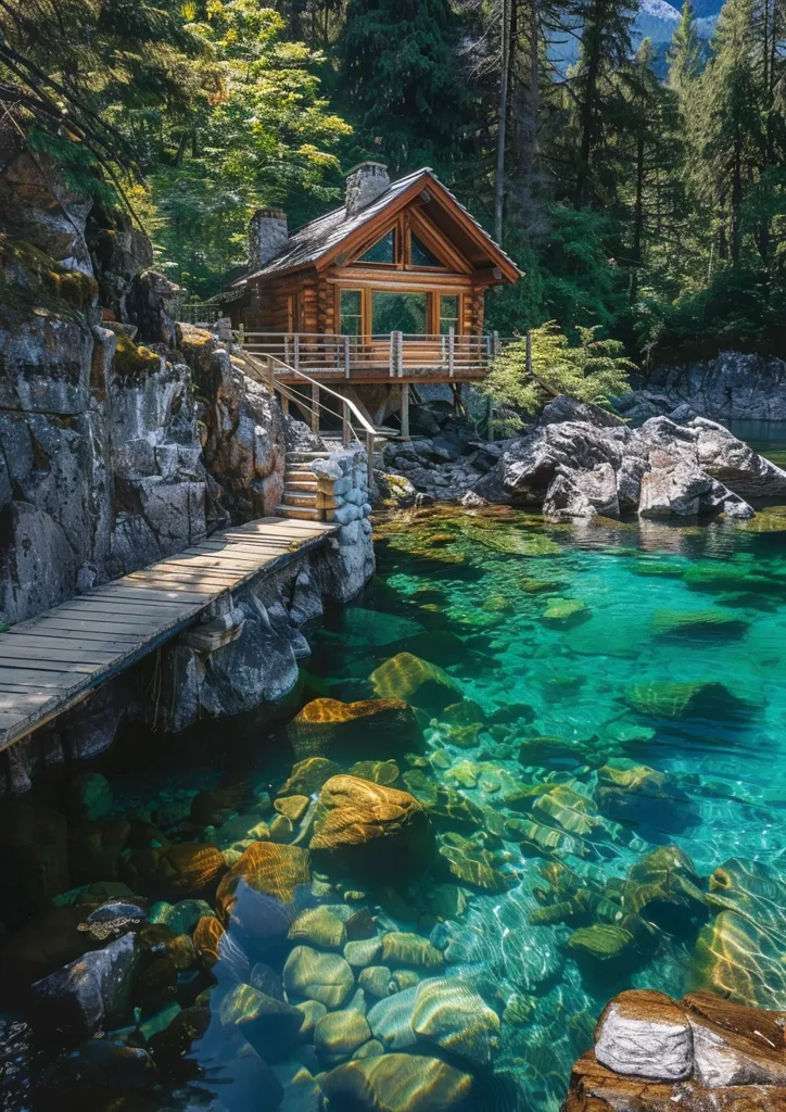 A wooden cabin sits perched on the edge of a crystal clear turquoise lake. The water is so clear that the rocks below are visible. A wooden walkway leads to the cabin, surrounded by lush green trees. The scene is peaceful and idyllic, perfect for a relaxing getaway.