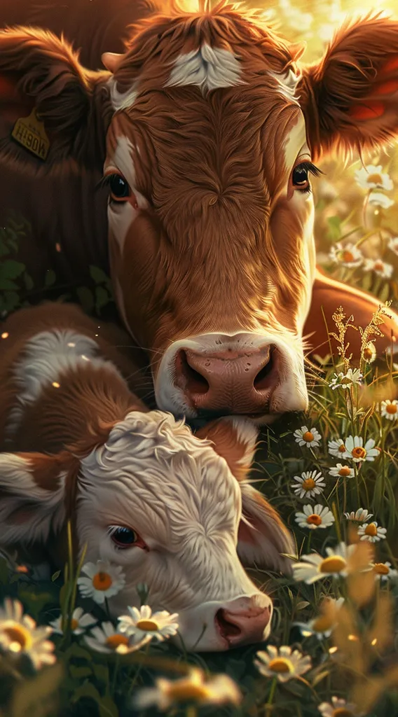 A brown and white cow rests in a field of daisies, her head gently resting on the back of a white calf. The calf looks up with large, dark eyes, while the cow's gaze is soft and focused on the scene before them. The warm sunlight bathes the scene in a golden glow.  The close-up perspective highlights the cows' soft features and fur.  The image evokes a sense of peace and tranquility in the natural world.