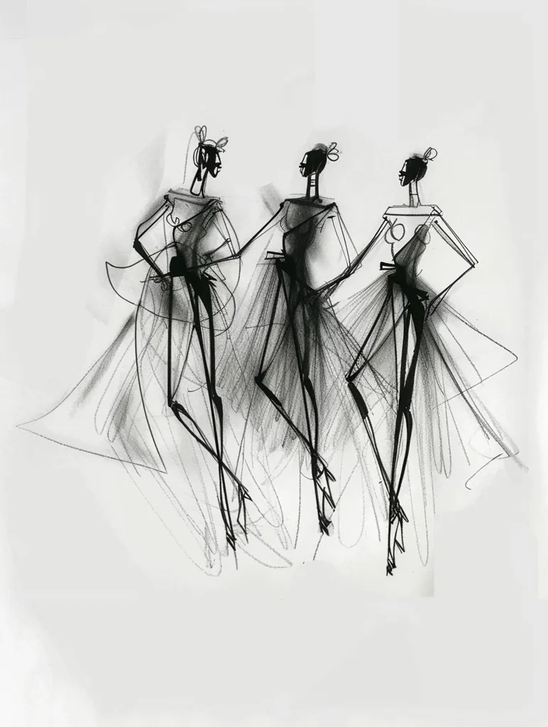A black and white sketch of three women in flowing gowns. The women are standing in a line, their bodies sketched in a simple, elegant style. The gowns are depicted with long, sweeping lines that suggest movement and grace. The drawing is done in a loose, expressive style, with visible brushstrokes. The background is a plain white, allowing the figures to stand out. The overall effect is one of beauty and sophistication.