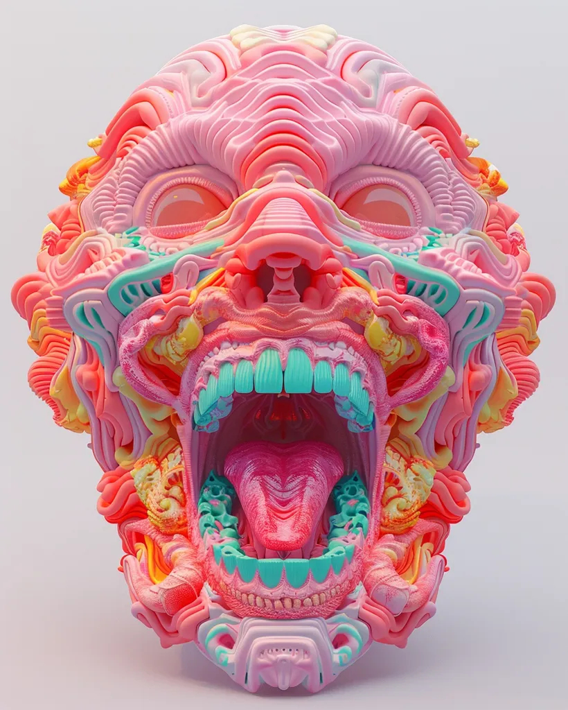The image shows a 3D rendering of a colorful, grotesque head. Its pink, yellow, and blue skin is textured and layered, and its mouth is wide open, revealing a bright pink tongue and sharp teal teeth. The overall impression is one of exaggerated, unsettling beauty.
