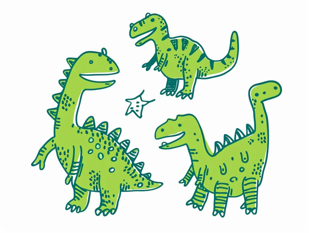 The image features three green dinosaurs drawn in a cartoon style. One is standing on two legs with a long tail, another is standing on four legs with a long neck, and the last one has a large head with a long tail. The dinosaurs are all facing different directions and appear to be smiling. There are also a few dots and dashes around the dinosaurs.  The image is simple and whimsical.