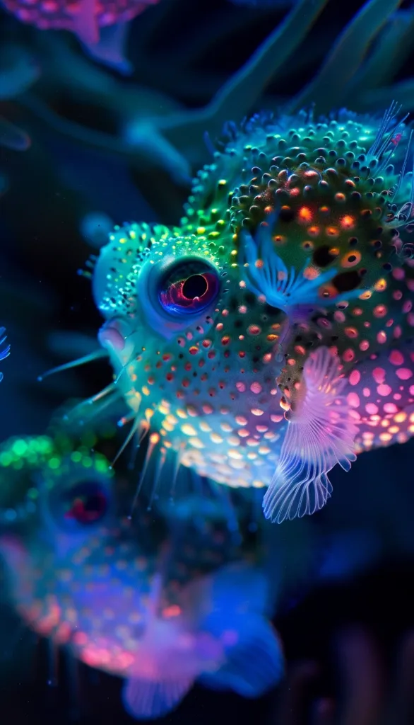 A close-up shot of a vibrant pufferfish, its body covered in iridescent dots and a delicate, translucent fin. The fish swims against a dark background, illuminated by an ethereal glow, making it appear otherworldly. The image captures the beauty and mystery of marine life, highlighting the fish's unique features and its natural habitat.