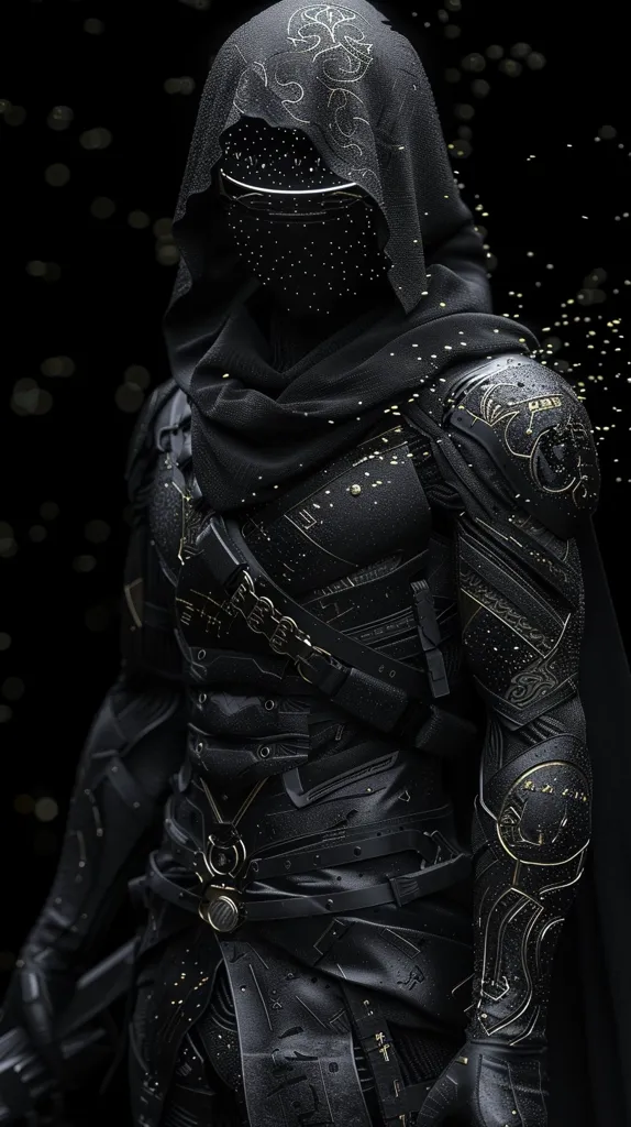 A figure clad in black armor and a hooded cloak stands against a dark backdrop. The armor is intricately detailed with gold accents and intricate patterns. The figure's face is obscured by a mask, and their eyes are not visible. A subtle mist or rain falls around them, adding to the mysterious and atmospheric quality of the image. The overall impression is one of power, stealth, and mystique.