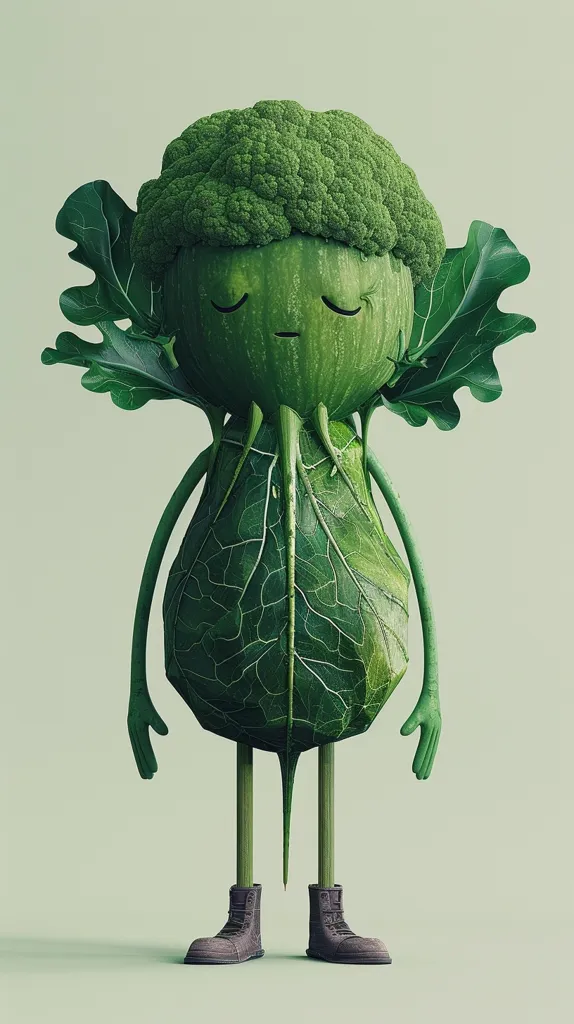 A whimsical, anthropomorphic character composed entirely of greenery. A broccoli head with closed eyes sits atop a large leaf-shaped body, adorned with leafy arms and legs. The character wears brown boots and stands on a green background, creating a charming and surreal image.
