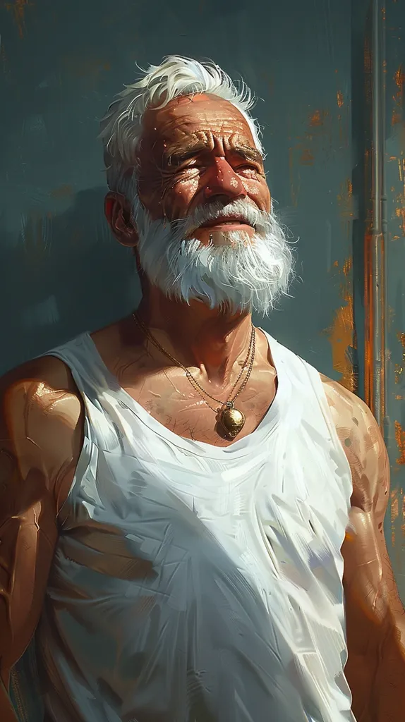A weathered, elderly man with white hair and a long, white beard wears a white tank top.  He has a gold necklace with a pendant and looks up with his eyes closed, as if in prayer. The background is a blurry, out-of-focus green and brown. The image is brightly lit and detailed.