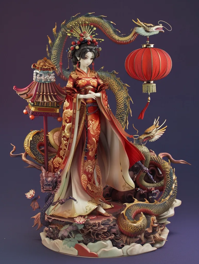 A porcelain figurine depicts a woman in a traditional Chinese dress, standing atop a cloud. She is adorned with elaborate jewelry and a dragon-shaped headdress. A golden dragon curls around her, holding a red lantern. The figure is crafted in intricate detail, showcasing the artistry of Chinese porcelain making. The vibrant colors and symbolic elements represent a celebration of Chinese culture and tradition.