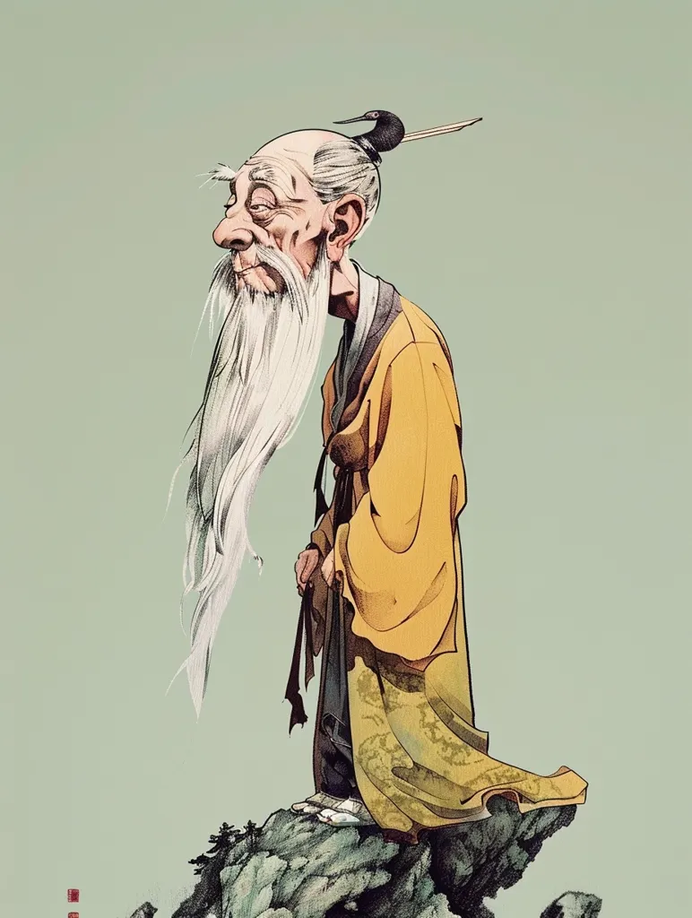 The image depicts an elderly man with a long white beard, wearing a yellow robe and standing on a rocky outcrop. He has a small bird perched on his head, and a contemplative expression on his face.  The image has a traditional Asian style, possibly referencing a Taoist sage or scholar.