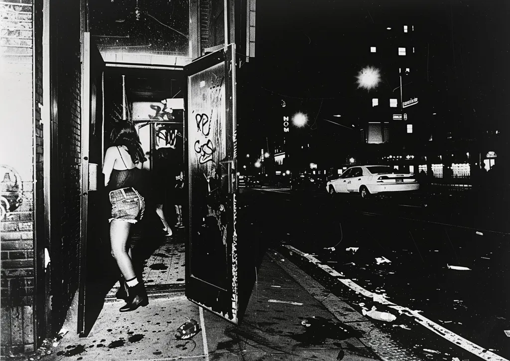 A woman in short shorts stands in a doorway with the door ajar. The door leads outside, where a street is filled with trash and a car drives down the road. The city lights illuminate the street and the woman's silhouette. The image is in black and white, and the composition is dark and moody.  The image is likely a representation of urban life and its complexities.