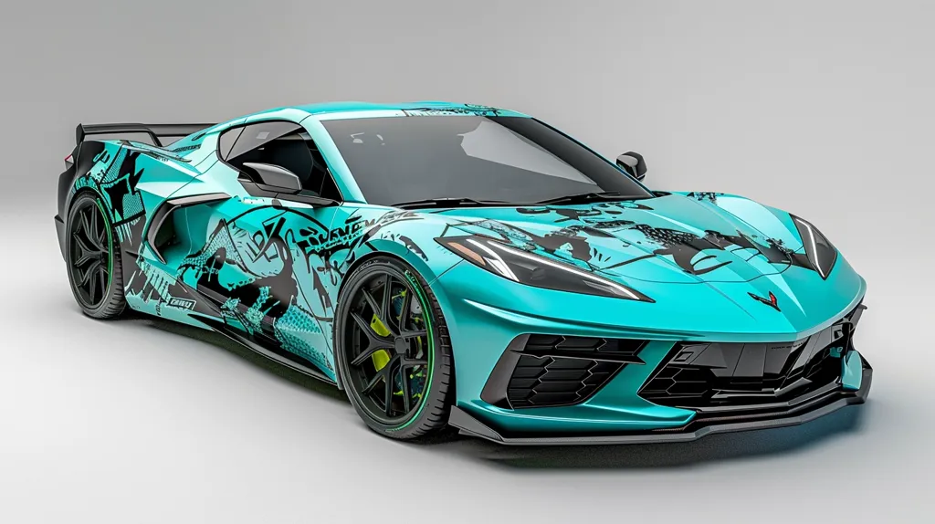 A teal blue Chevrolet Corvette Stingray is photographed on a plain white background. It has a black and white graffiti design on its exterior. The front end features a prominent black grille and sleek headlights. Large black wheels are accented with green tire trim.  The car has a sporty low profile and is sleek and modern.