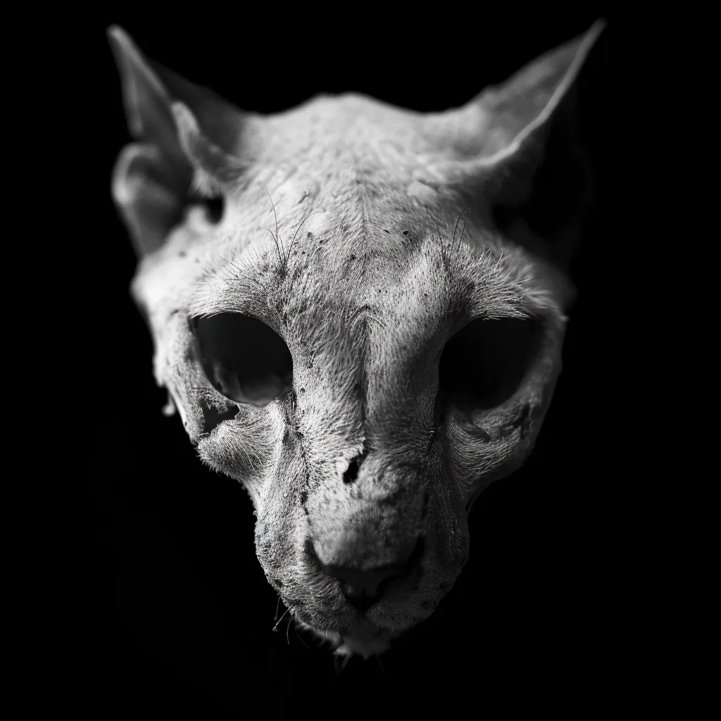 The image shows a close-up of a cat's head, with only its face and ears visible. The cat's fur is sparse, revealing its skin and skull beneath. The image is in black and white, creating a sense of mystery and the uncanny. The cat's eyes are partially obscured, giving it a haunting look. The image is likely intended to evoke a sense of unease or even fear.