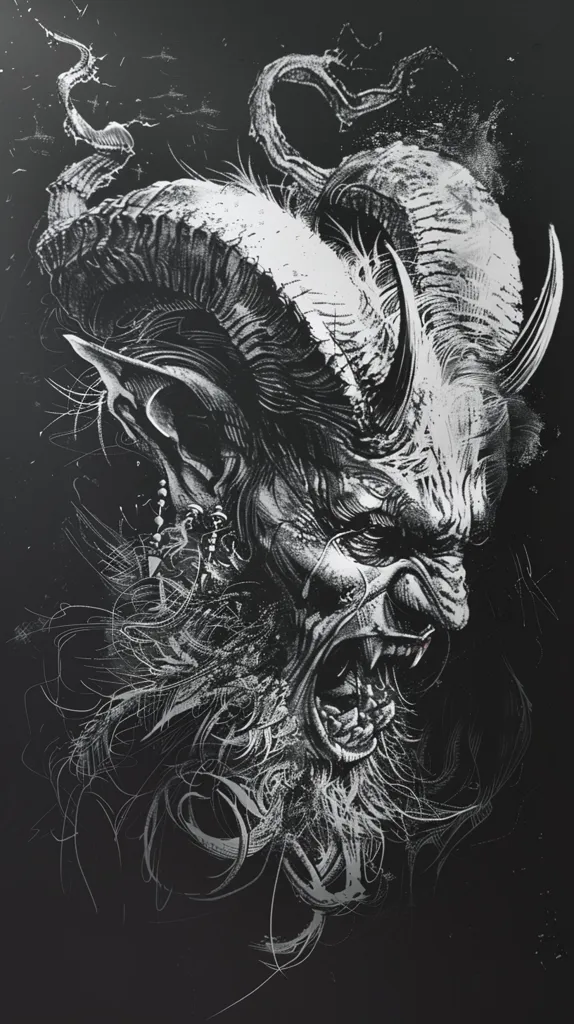 The image is a black and white drawing of a demon with large horns, sharp teeth, and a fierce expression. The demon's face is detailed with wrinkles and lines, and its eyes are narrowed in anger. The background is dark and textured, with hints of white lines that suggest movement or energy. The overall impression is one of darkness, power, and aggression.
