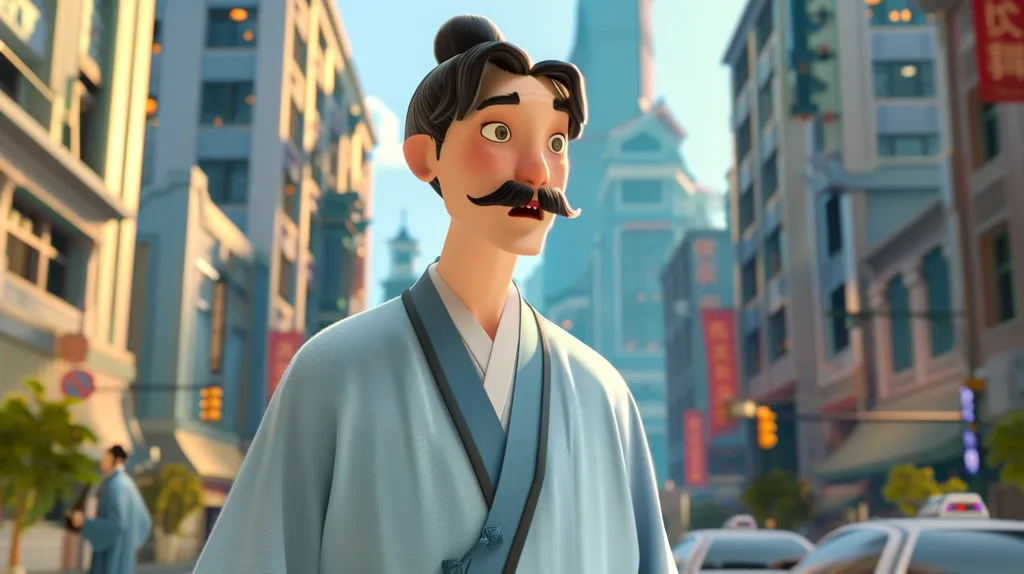 A cartoon man with a mustache, wearing a light blue robe, stands on a bustling city street. He looks to his left, with a surprised expression. The buildings behind him are tall and colorful, and there are cars and other pedestrians in the background. The scene is vibrant and full of life.