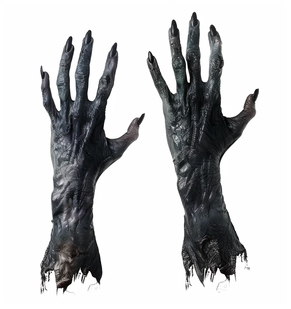 Two grotesque, black, clawed hands with long, gnarled fingers are shown against a white background. The hands are reaching out, with their palms facing the viewer. The image evokes a sense of horror and unease.  The detailed texture of the hands emphasizes their grotesque appearance.
