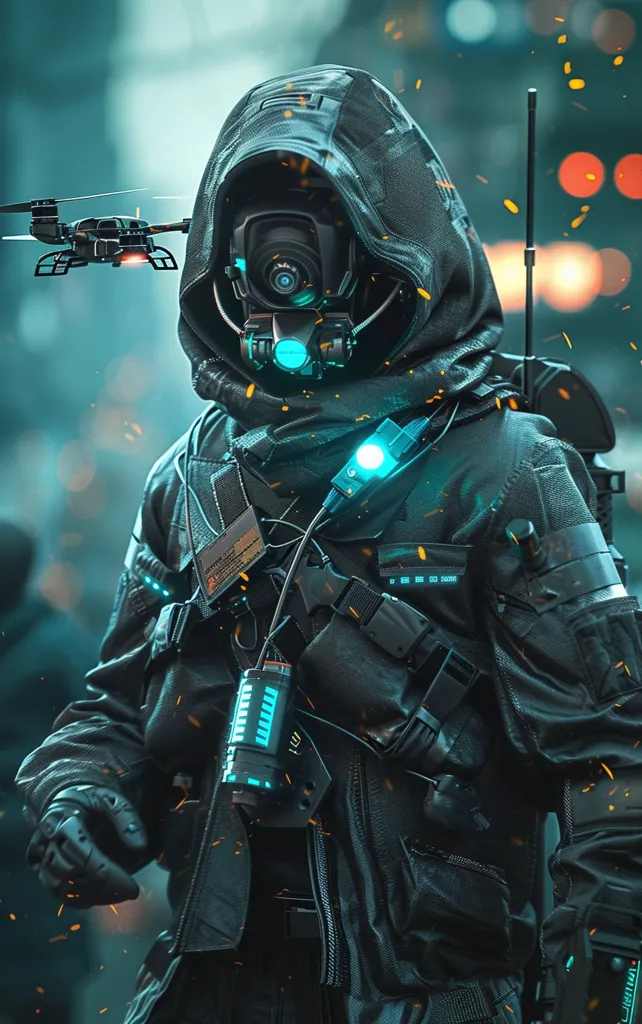 A futuristic soldier, clad in black tactical gear and a hooded cloak, stands in a dimly lit urban environment. They are equipped with advanced technology, including a helmet with a built-in camera, a glowing blue device on their chest, and a drone hovering overhead. The soldier's expression is hidden beneath the hood, creating an aura of mystery and preparedness. The image evokes a sense of anticipation and action.