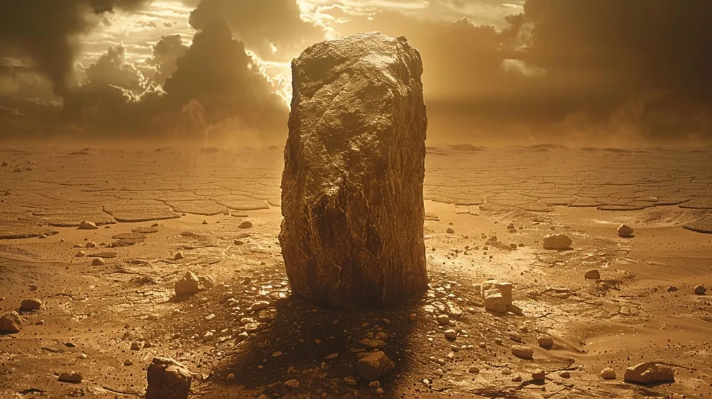 The image depicts a large, rectangular rock standing alone in a vast, barren desert landscape. The sky is a hazy orange with wispy clouds, and the ground is cracked and dry. The rock casts a long shadow on the ground, and the overall impression is one of isolation and desolation.