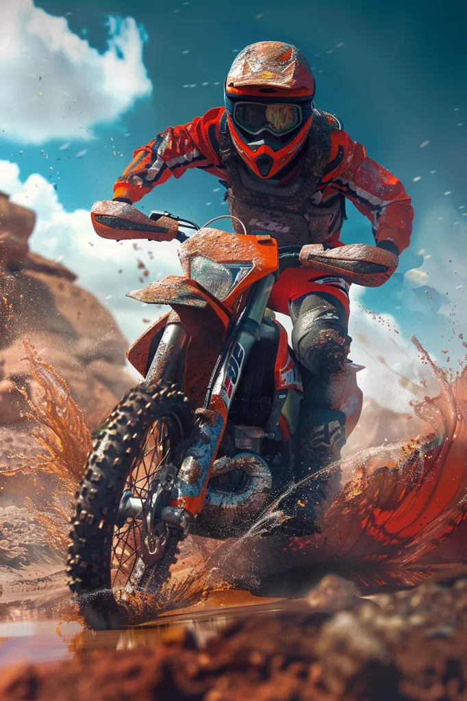 A dirt bike rider in full gear speeds through a muddy, dusty track.  The orange bike and rider’s suit contrast with the blue sky and clouds. Water splashes up from the wheels, creating a dramatic effect. The rider’s focused expression highlights the thrill and danger of the sport.