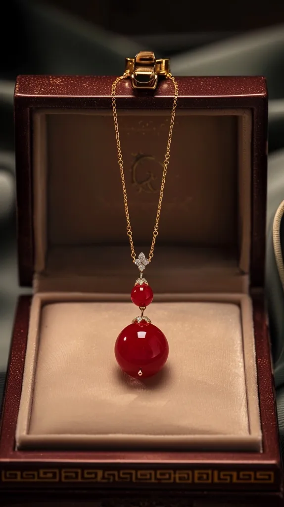 A delicate gold chain necklace with a large, round, red gemstone pendant rests on a cream-colored velvet cushion inside a maroon jewelry box. The pendant features a smaller, round, red gemstone with a diamond-encrusted setting above it. The box has a gold patterned trim on the bottom.  The jewelry evokes a sense of elegance and luxury.