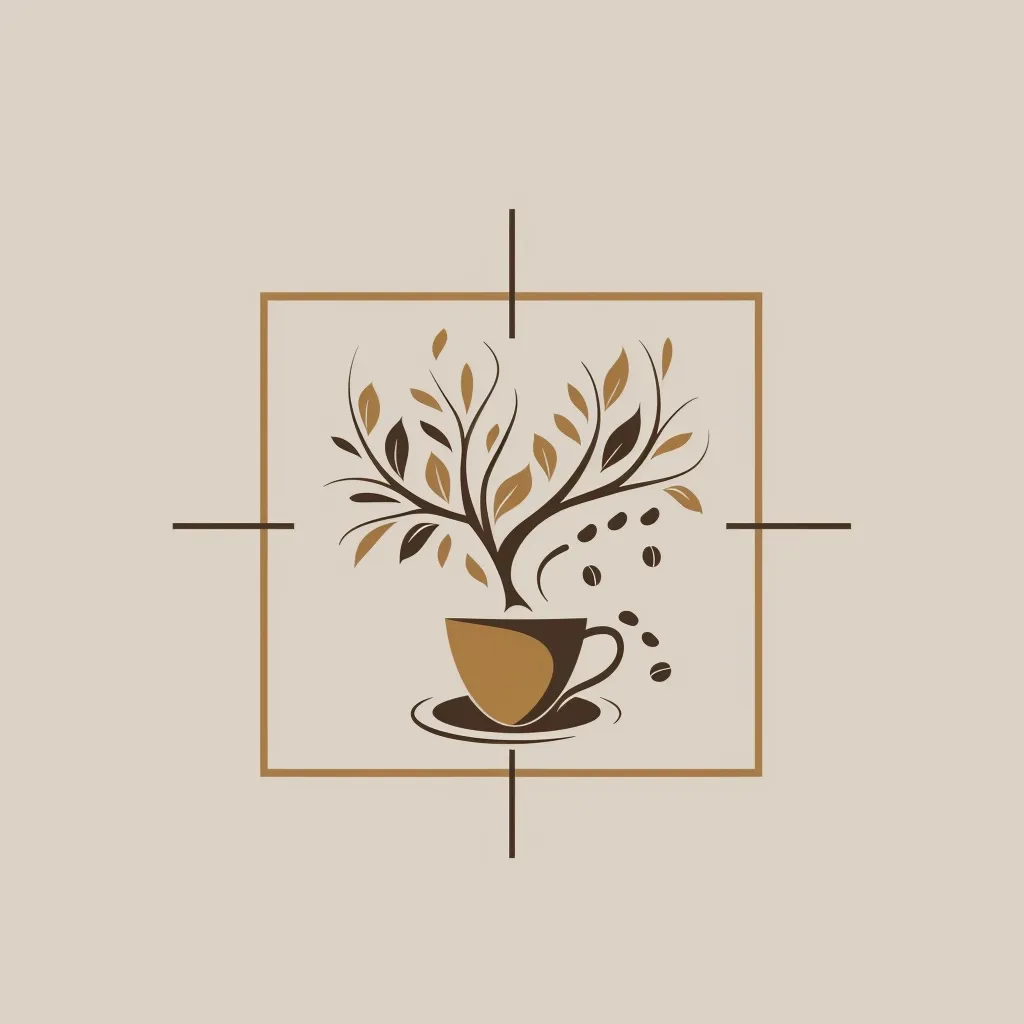 A stylized image of a coffee plant growing out of a coffee cup. The plant has brown leaves and the cup is brown and white. Coffee beans are falling from the branches.  The image is enclosed in a brown square frame and on a beige background. The image is suggestive of the process of coffee production, from bean to cup.
