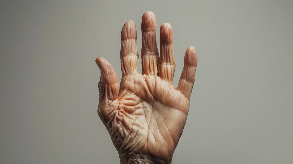 A close-up of an elderly person's hand, palm facing the viewer. The hand is open, with fingers extended and slightly spread apart. The skin is wrinkled and shows signs of aging, with prominent lines and creases. The background is a simple, neutral gray, allowing the hand to be the focus. The image evokes a sense of experience and time, highlighting the delicate beauty of aging.