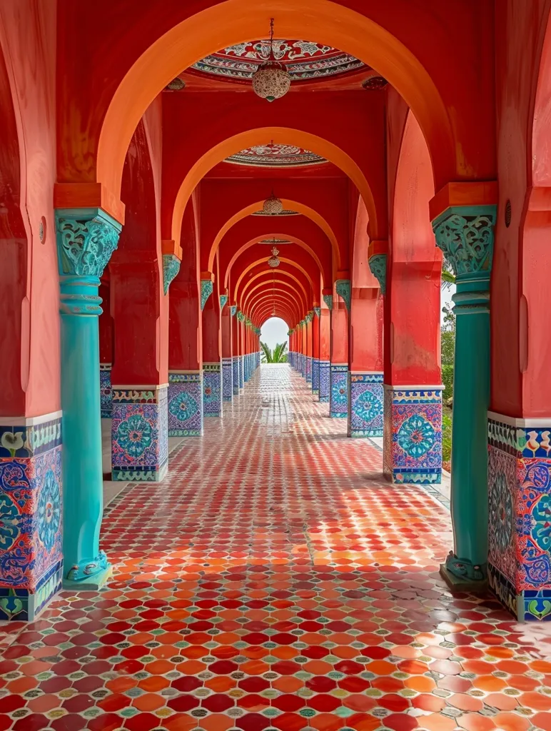 A long, narrow hallway with red walls and arched doorways. The floor is tiled in a geometric pattern of red, orange, and white. Blue and white decorative tiles adorn the base of the walls. The hallway leads to a lush green courtyard at the end. The overall ambiance is serene and welcoming.