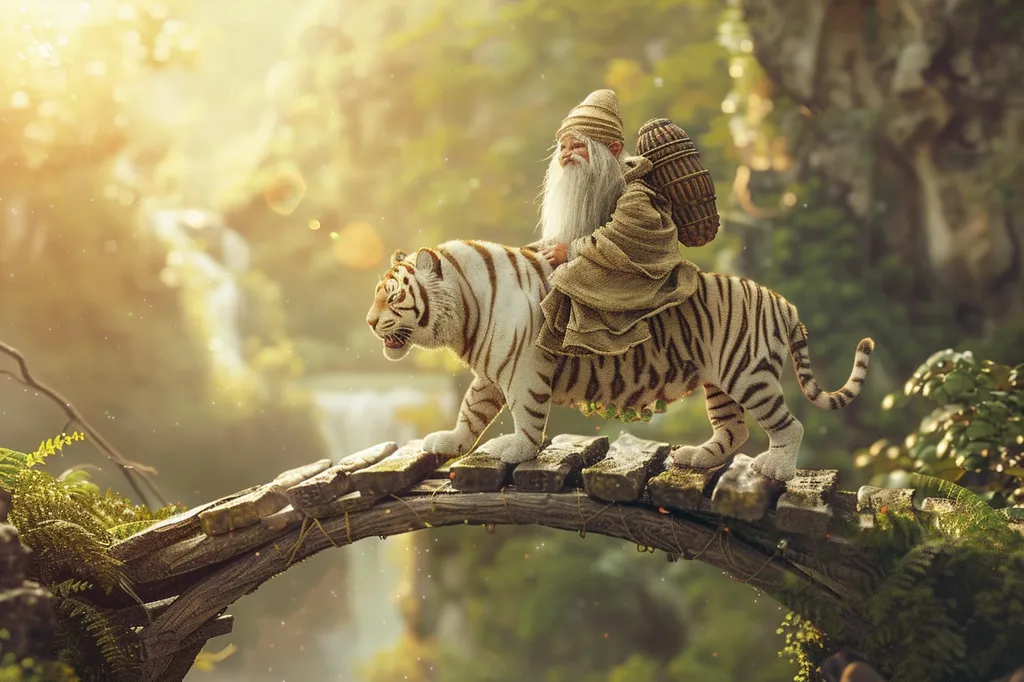 A whimsical scene of a white tiger carrying a small, bearded man on its back. The man is dressed in a long, brown robe and carries a woven basket on his back. They are walking across a wooden bridge in a lush, green forest, with sunlight filtering through the leaves. The image has a magical and enchanting quality, reminiscent of a fairytale.