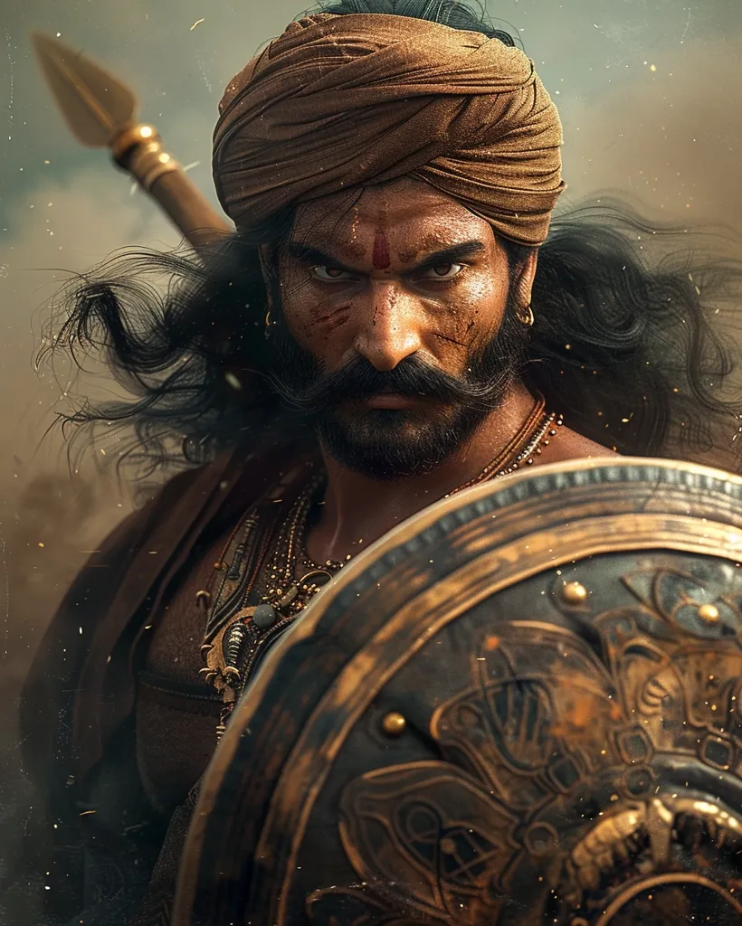 The image depicts a fierce warrior with a determined expression. He wears a brown turban, a dark beard, and intricate jewelry. He is holding a large, ornate shield in front of him, and a spear is visible in the background. The warrior's fierce gaze suggests that he is ready for battle. The image captures the intensity and bravery of a warrior in the heat of combat.