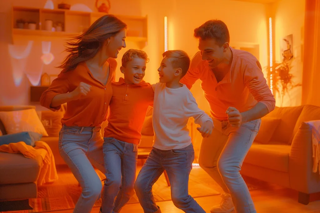 A family of four is dancing in a living room. The room is lit with warm orange lights. The parents are wearing orange shirts and blue jeans, while the two young boys are also wearing jeans and shirts, one orange and one white. They are all smiling and appear to be having fun. The background is blurred but shows a couch and other furniture.