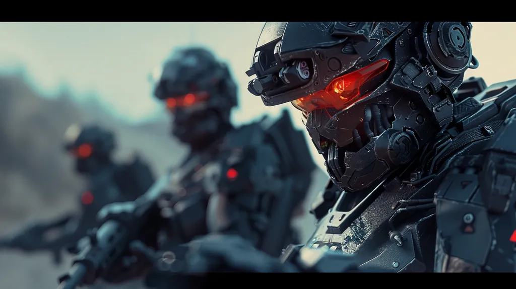 The image shows a close-up of a futuristic soldier, clad in black armor and a helmet with glowing red eyes. Two other soldiers are visible in the background, also in black armor and helmets, creating a sense of solidarity and preparedness. The image is a visually striking representation of a potential future battlefield, hinting at advanced technology and a possible military conflict.  The overall tone is one of power, technology, and anticipation.