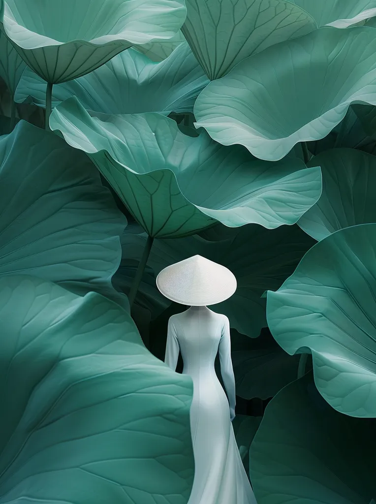 A woman in a white dress and a white conical hat walks through a lush forest of large, green leaves. The image is a minimalist composition, with the woman's figure and the leaves as the main subjects. The green leaves create a sense of depth and mystery, while the woman's figure adds a touch of elegance and serenity. The overall effect is calming and contemplative.