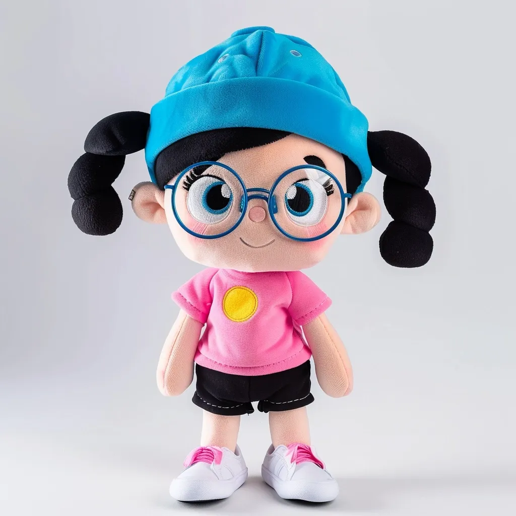 A plush toy doll of a young girl with black pigtails, a blue hat, round glasses, a pink t-shirt with a yellow circle, black shorts, and white shoes. She has a happy expression and is standing on a white background.